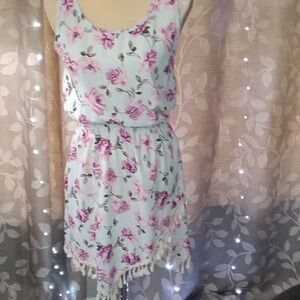 Steezyer Mint & Pink Floral Dress With Elastic Waist